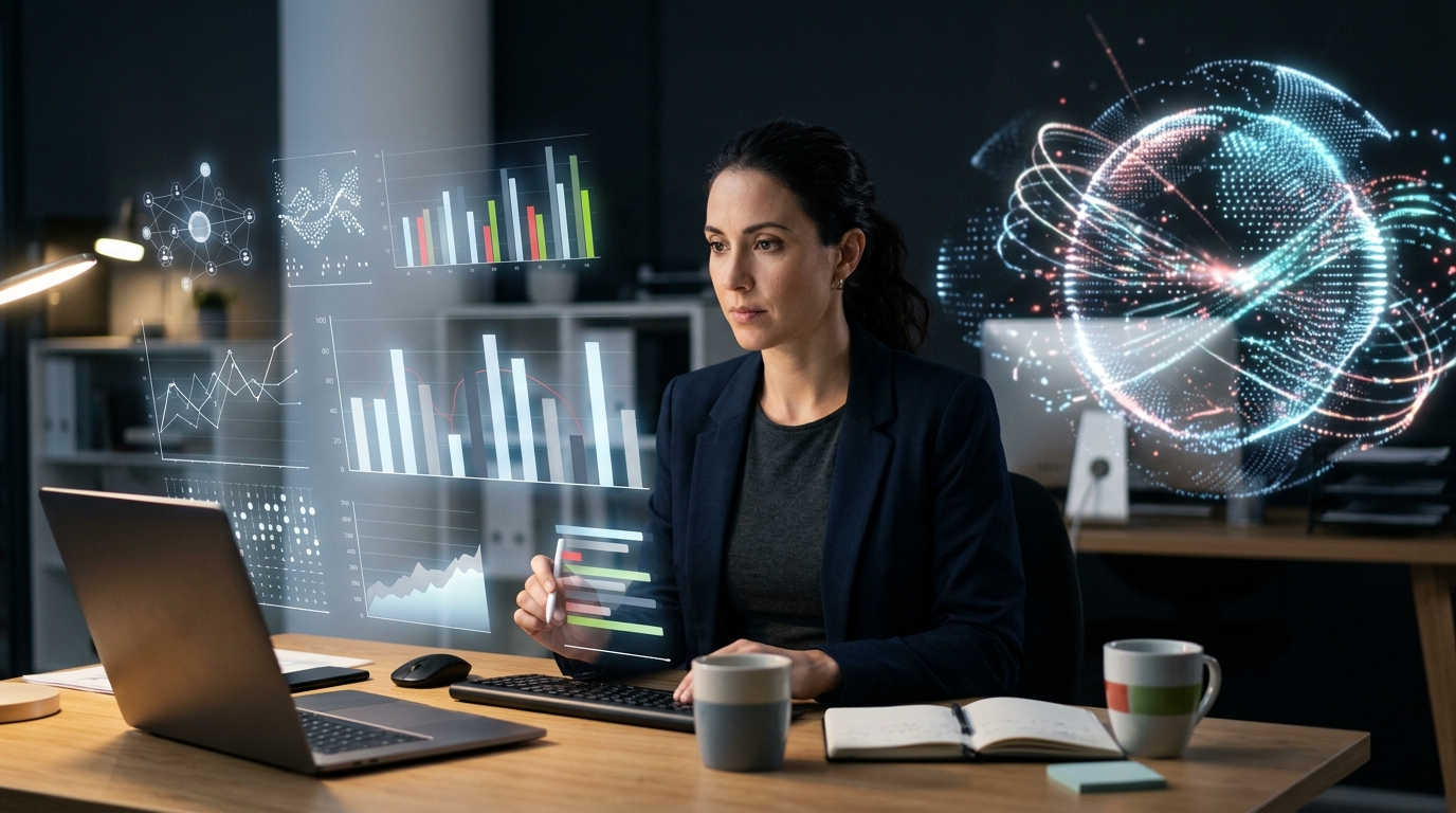 A person conducting research with an AI assistant, surrounded by data visualizations, symbolizing automated comprehensive research.