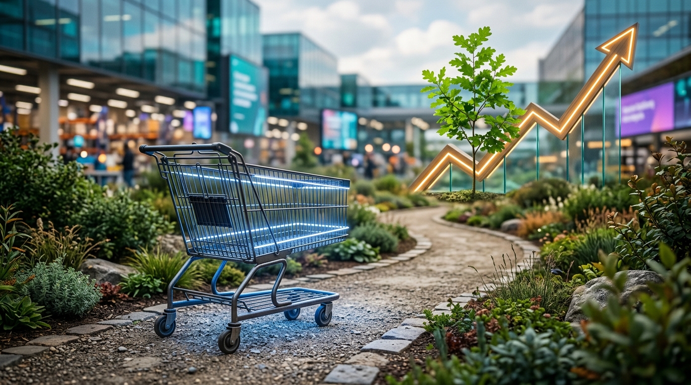A glowing, empty digital shopping cart is left on a path leading towards a vibrant green plant and an ascending revenue graph, symbolizing abandoned carts and potential e-commerce growth.