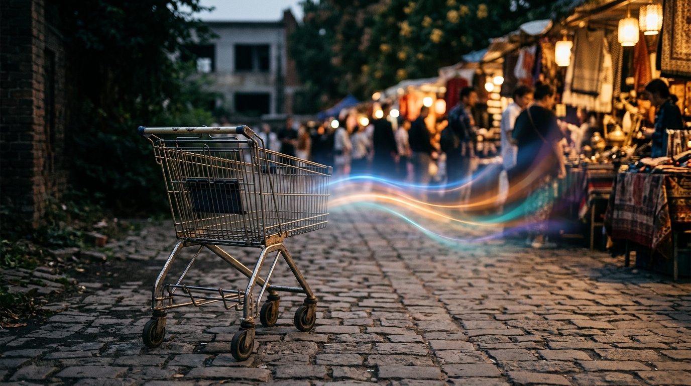 A digital shopping cart, previously isolated, is being drawn back towards a bustling, vibrant marketplace by an unseen, positive force, symbolizing cart recovery.