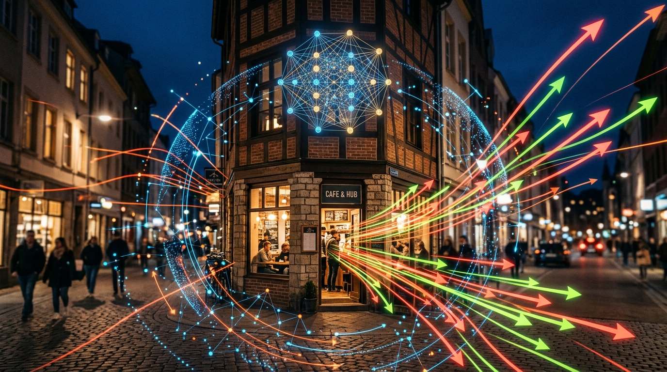 A small business building connected to a vast, glowing network of data and AI, with many traffic arrows flowing out, symbolizing rapid growth and automated scalability.