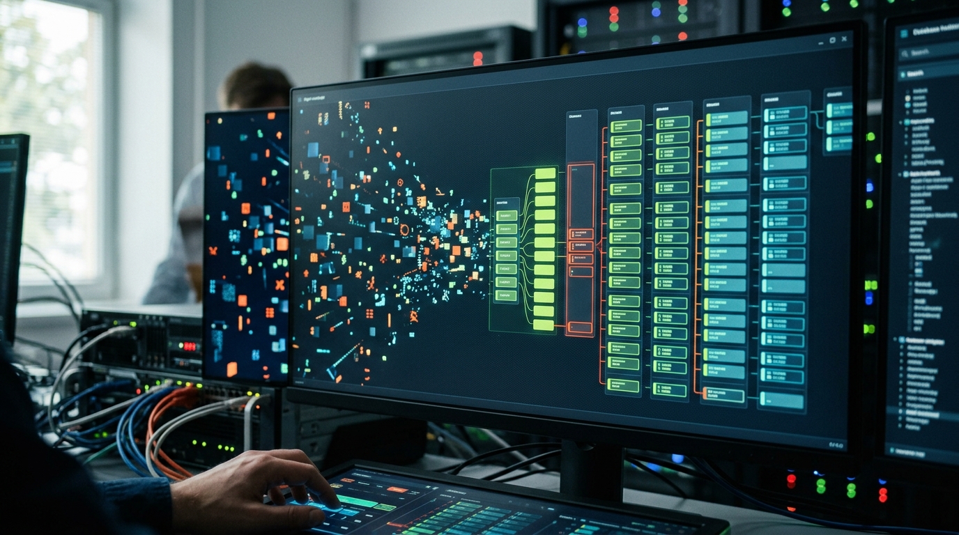 Raw data elements being gathered and structured into an organized, glowing digital database, illustrating the foundation of programmatic SEO.