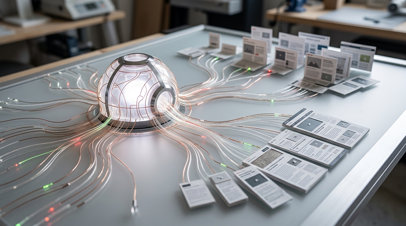 A glowing AI core generating multiple digital content pieces, symbolizing automated article creation and content scaling.
