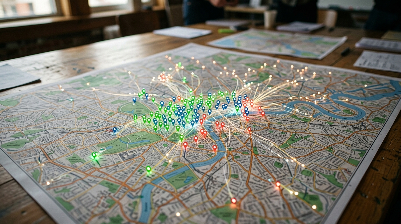 A city map showing multiple glowing pins in specific neighborhoods, radiating digital content, representing hyper-targeted local services and geographic demand.