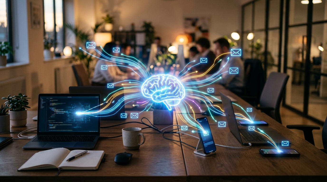 An abstract representation of artificial intelligence guiding a network of emails and data streams, connecting to multiple digital devices.