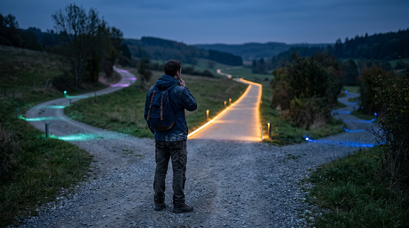 A person standing at a crossroads contemplating multiple illuminated pathways, symbolizing strategic decision-making.