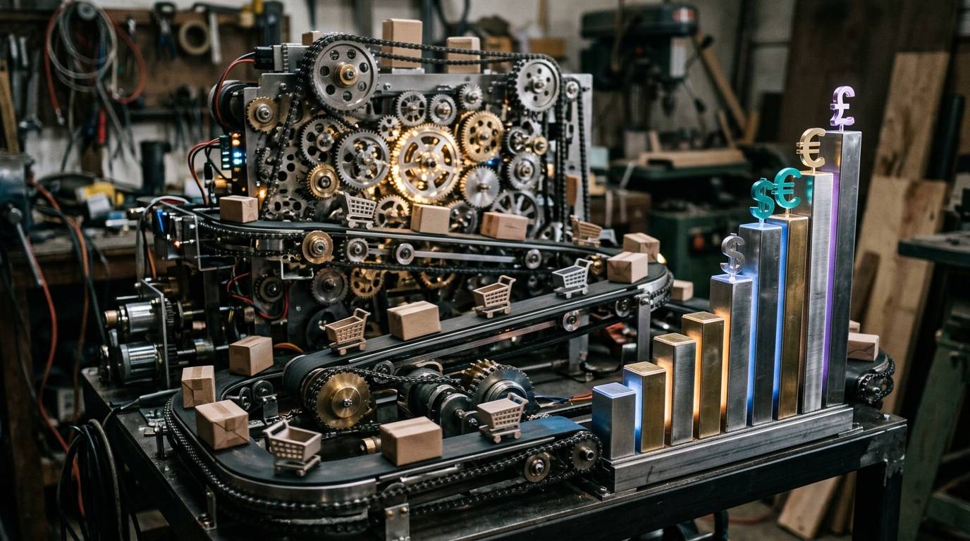 An automated e-commerce workflow depicted by interconnected gears and conveyor belts moving products, leading to a rising financial graph and currency symbols.