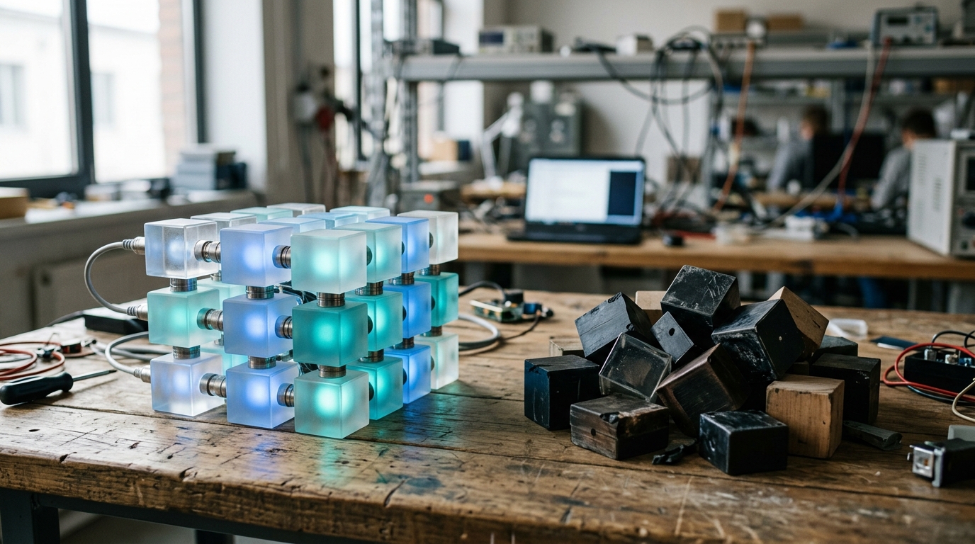 A visual contrast between organized, glowing, interconnected data blocks and disorganized, dark, disconnected data blocks, representing data quality and integration.