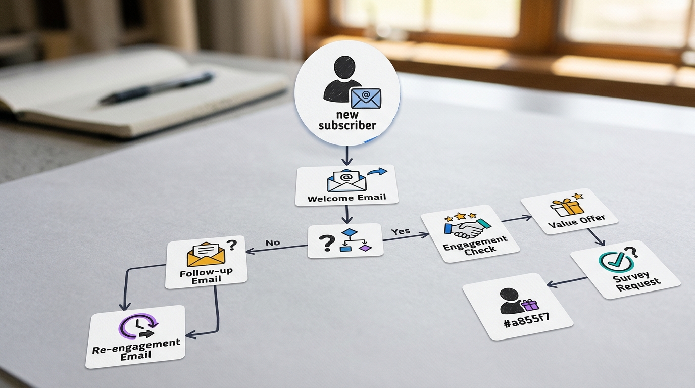 A visual representation of a welcome series workflow, showing interconnected steps and decision points for new subscribers.