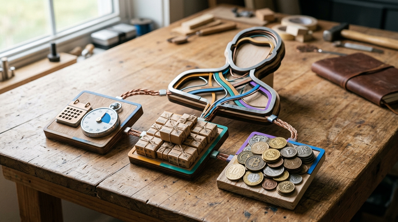 Three interconnected visual modules representing Recency (calendar), Frequency (multiple packages), and Monetary (coins), converging to define a customer segment.