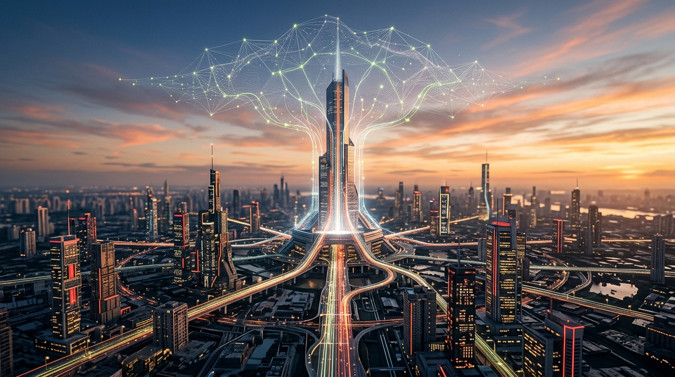 A digital city with prominent content structures, illuminated by streams of organic traffic guided by an ethereal AI neural network in the sky.