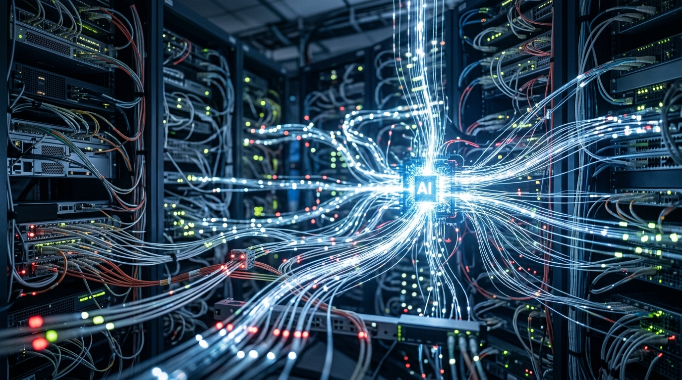 A vast digital web of nodes and pathways, with a pulsating AI core directing bright, optimized data streams to enhance network efficiency.