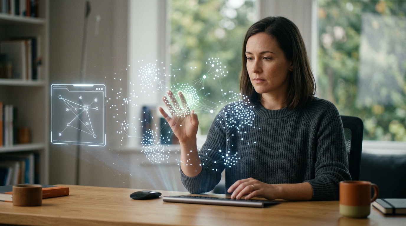 A person viewing a holographic display of interconnected keywords, with an AI interface highlighting key clusters and suggesting connections.