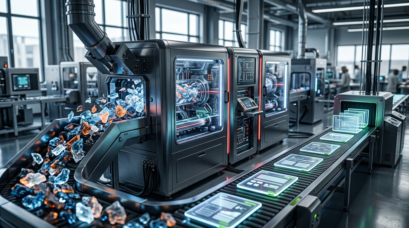 A futuristic production line where raw data enters AI processing modules and emerges as polished, structured content pieces on a conveyor belt.