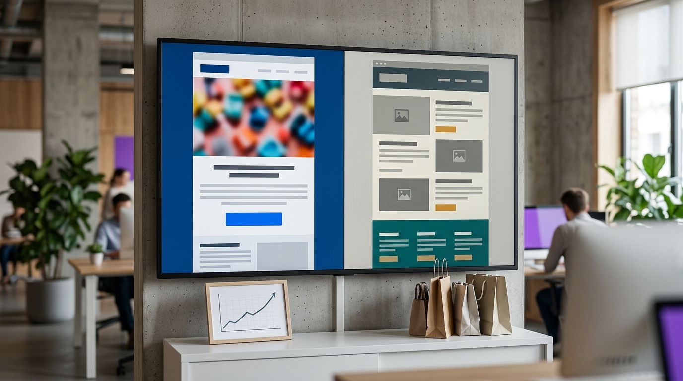 Two different email designs displayed side-by-side, with one showing signs of higher performance like a rising graph and more full shopping bags.