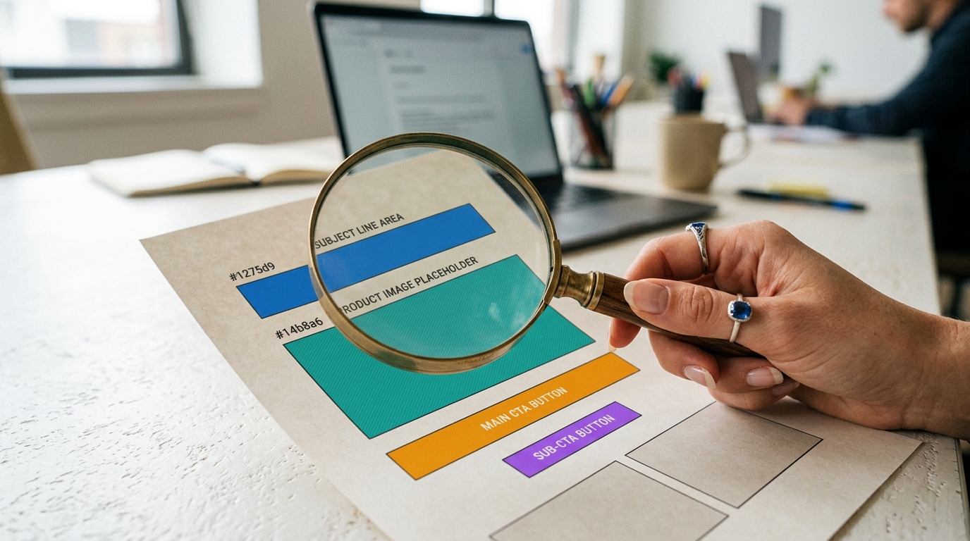 A hand using a magnifying glass to examine different elements of an email template, such as the subject line, product image, and call-to-action button.