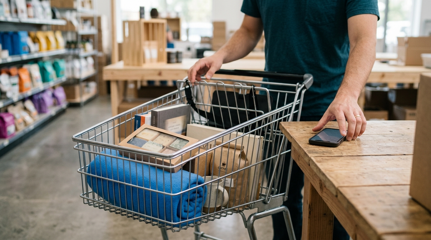A smartphone displaying a message next to a shopping cart with items, symbolizing an abandoned cart recovery effort.