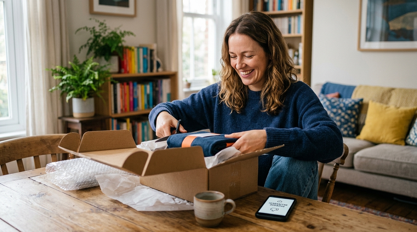 A person unboxing a package with a smartphone nearby displaying a message notification, representing post-purchase engagement.