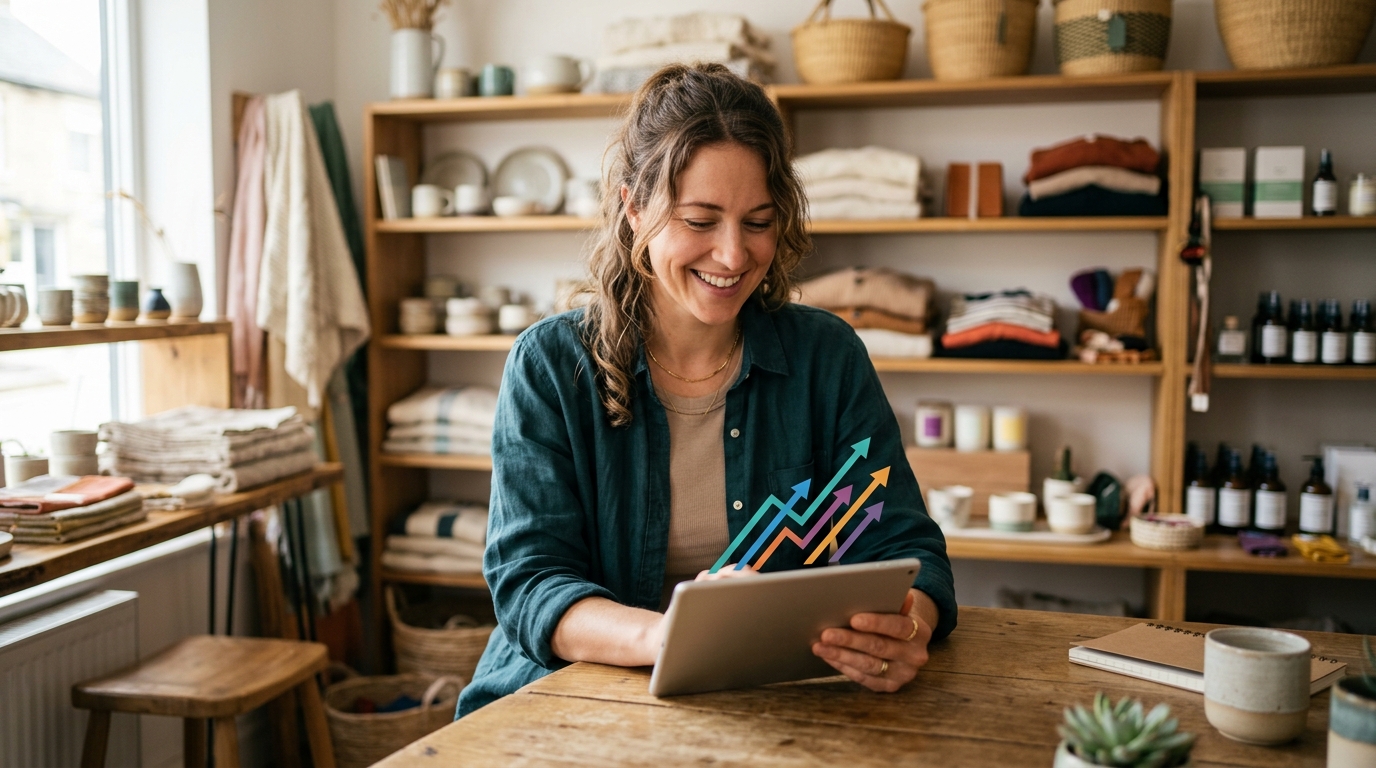 A small business owner happily observing a visualization of growing e-commerce sales and customer engagement on a digital device, surrounded by their products.