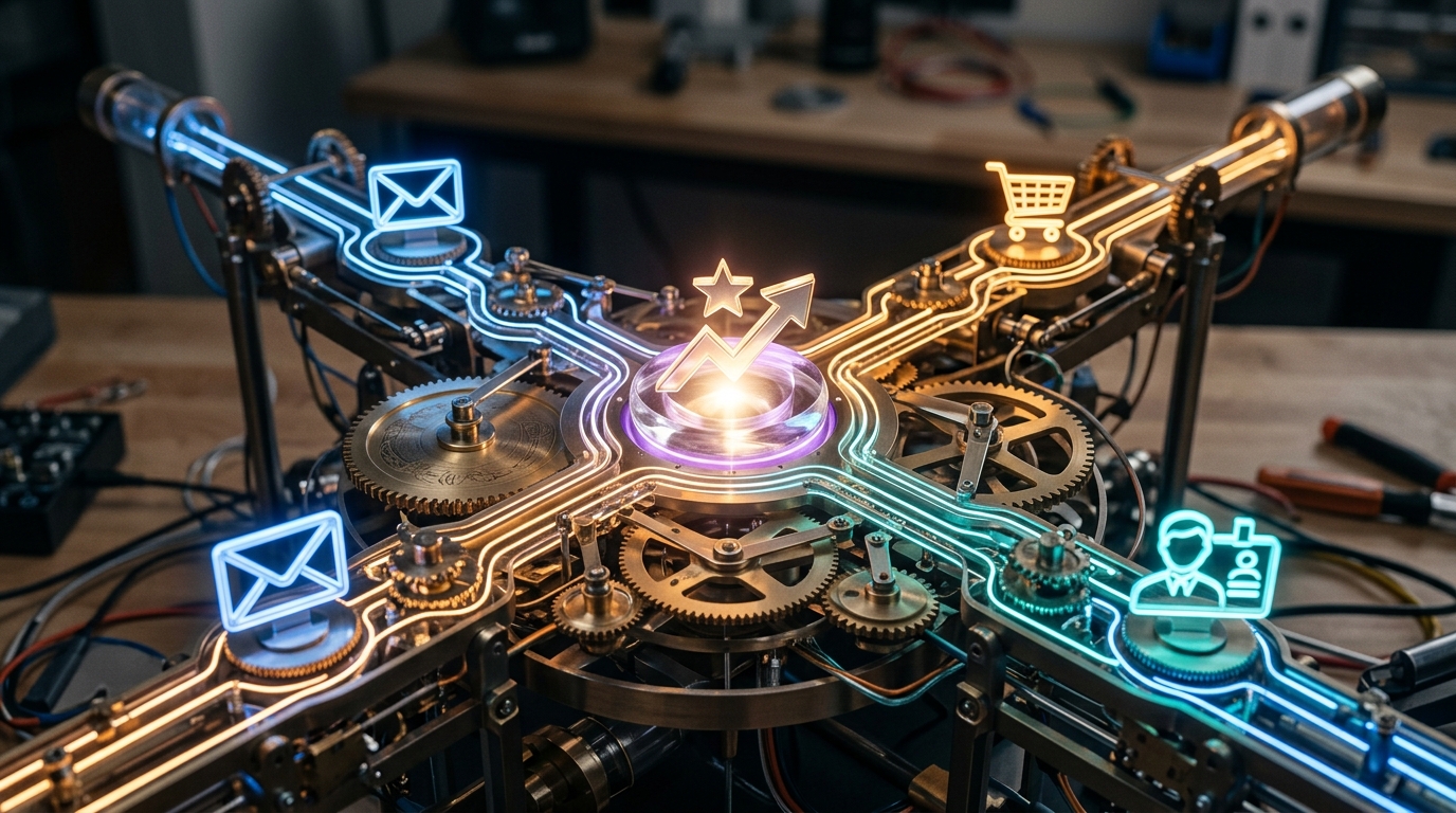 Abstract visualization of various digital platforms, such as email, e-commerce, and customer data, interconnected by glowing lines, symbolizing seamless integration and automated workflow.
