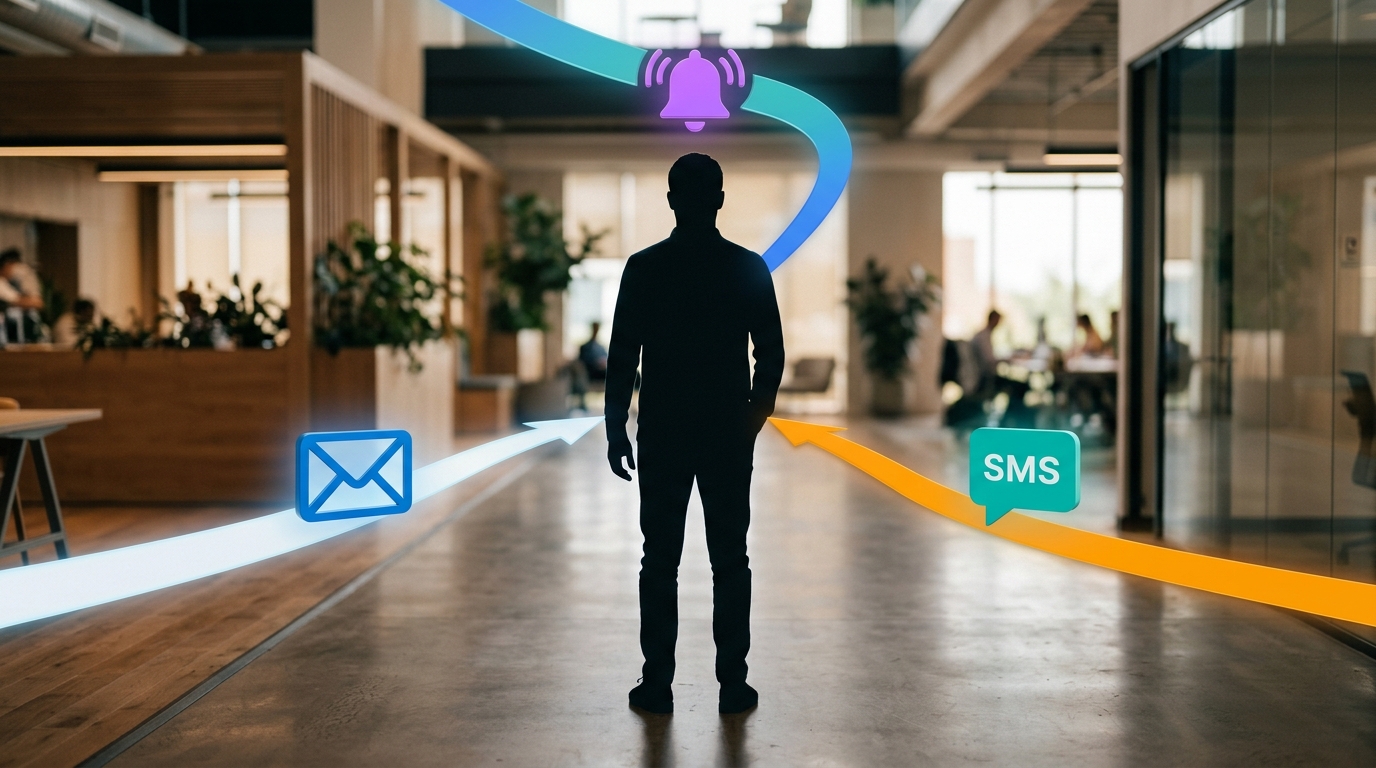 Abstract depiction of a customer at the center, with various communication channels like email, SMS, and push notifications converging towards them, illustrating multi-channel marketing engagement.