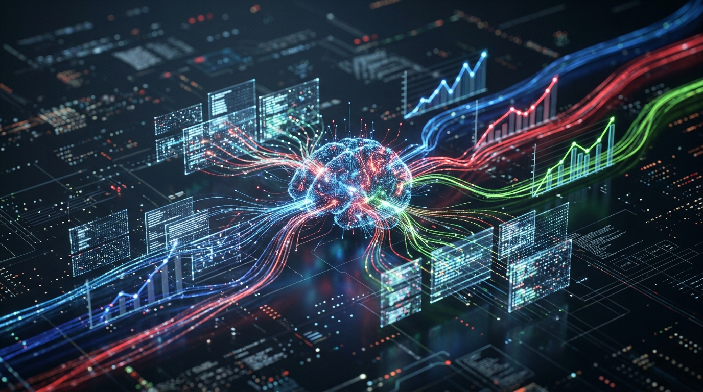 An AI brain generating content that transforms into rising traffic graphs and data streams, symbolizing rapid growth.