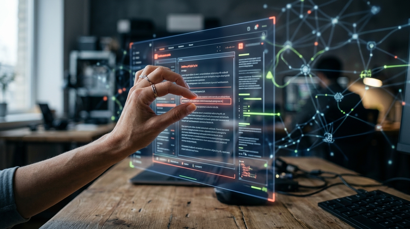 A human hand editing digital content on a holographic screen, symbolizing human oversight and refinement in AI content generation.