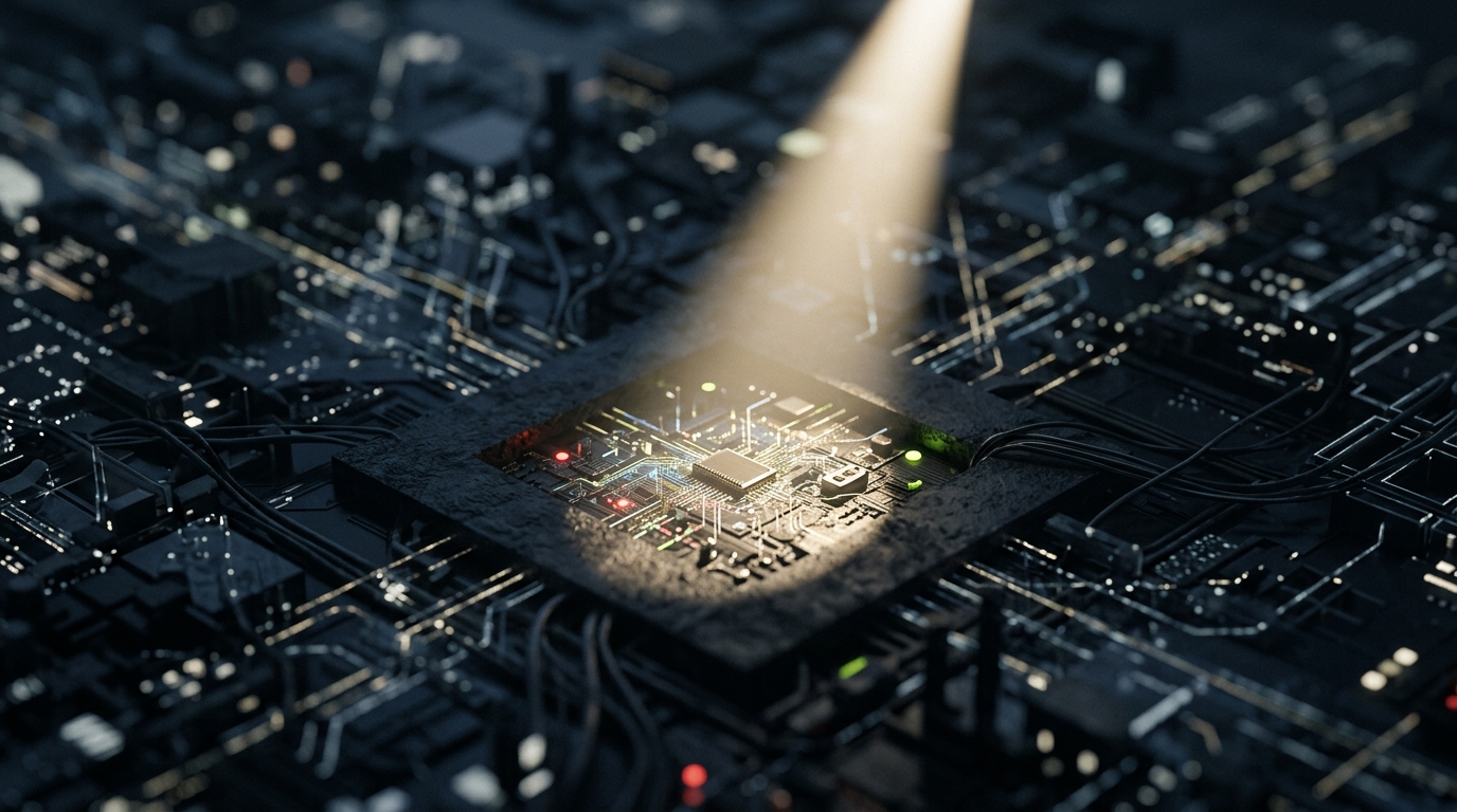 A focused beam of light highlighting a specific niche area within a broader digital landscape, illustrating AI's role in dominating niche content.