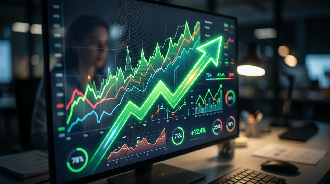 A digital dashboard showing rising graphs and data, representing key metrics for content success and return on investment.