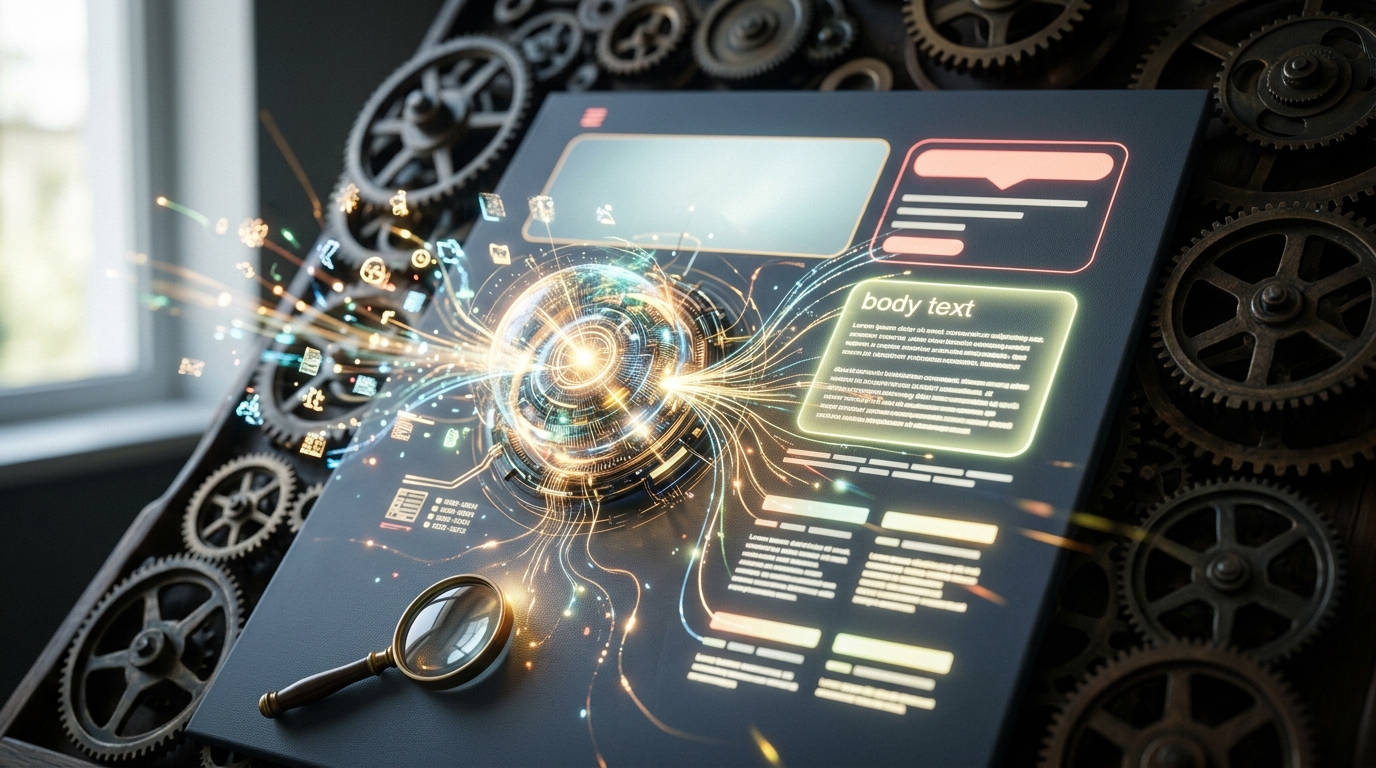 An abstract representation of artificial intelligence generating a blog post, with text and images flowing into a complete article, symbolizing automated content creation and publishing.