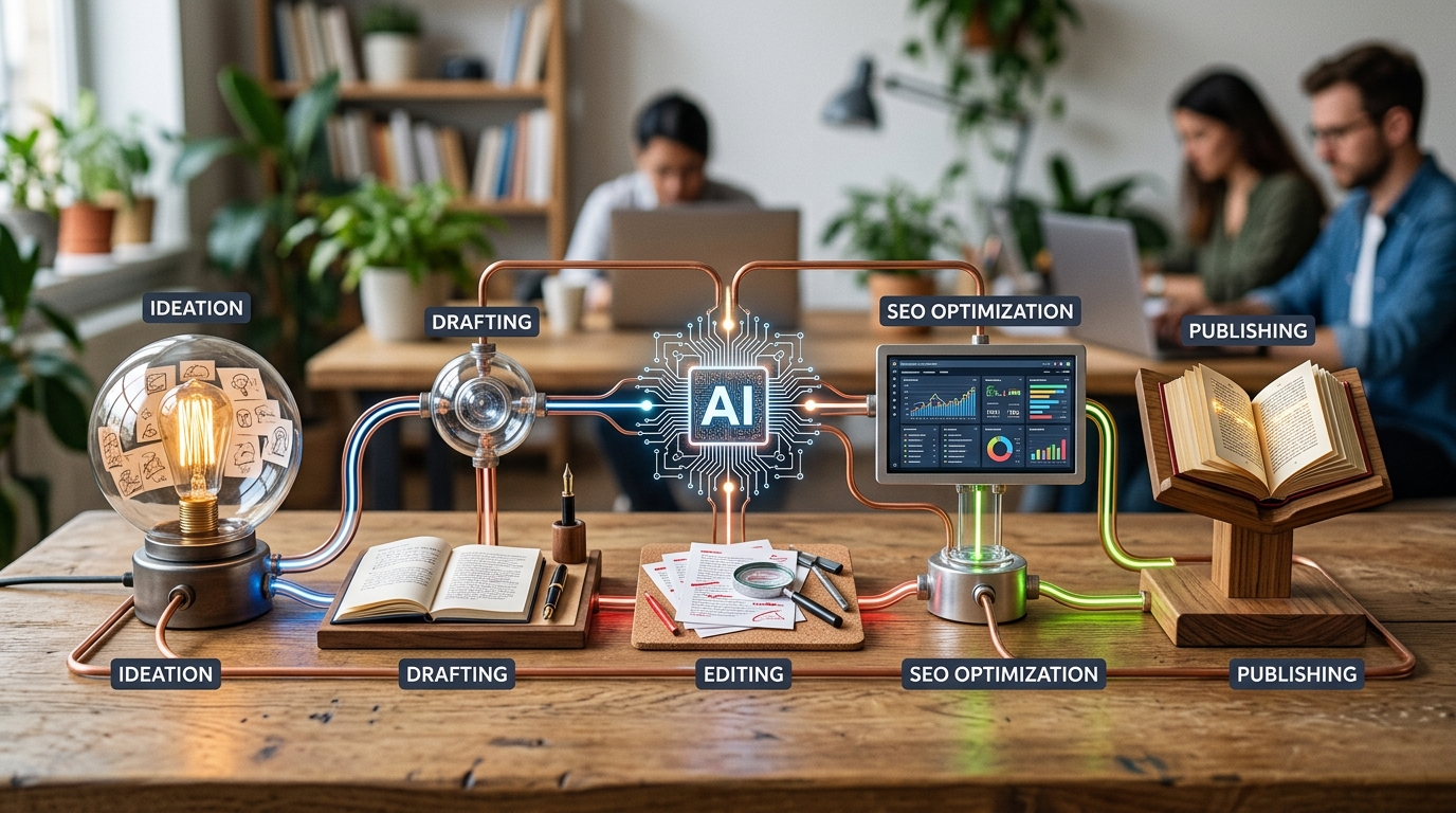 A visual representation of a content automation workflow, showing interconnected stages like ideation, writing, SEO, and publishing, all managed by an central artificial intelligence component.