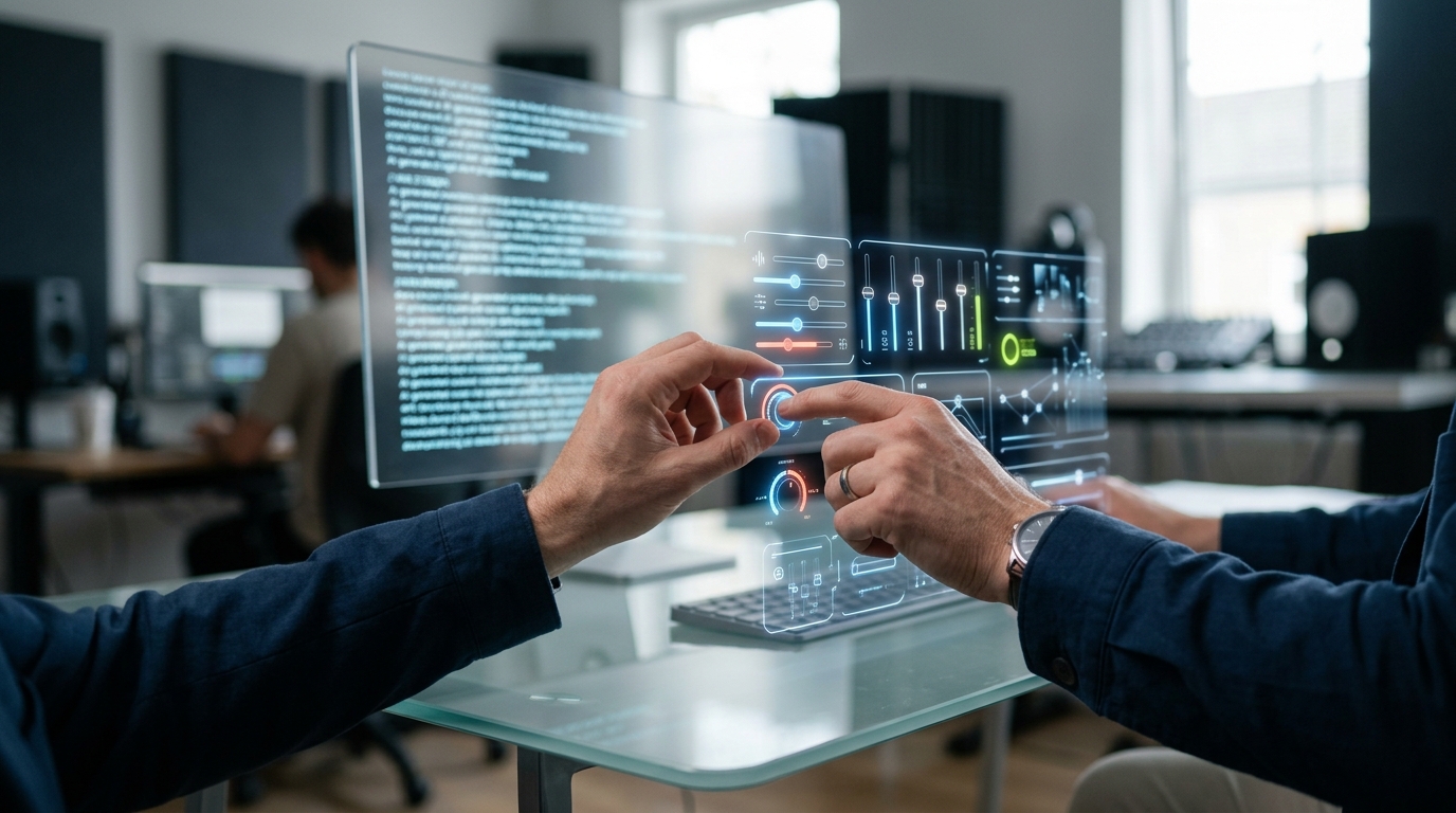 A human hand interacting with an abstract digital interface, fine-tuning settings for quality, accuracy, and brand voice in AI-generated content.