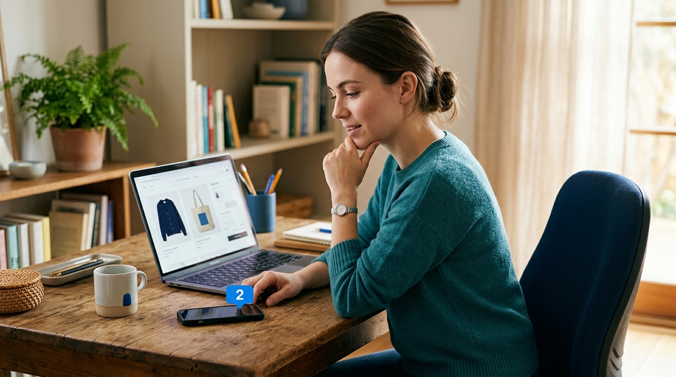 A person looking at a smartphone displaying a notification about an abandoned shopping cart, with a laptop showing the same cart in the background.