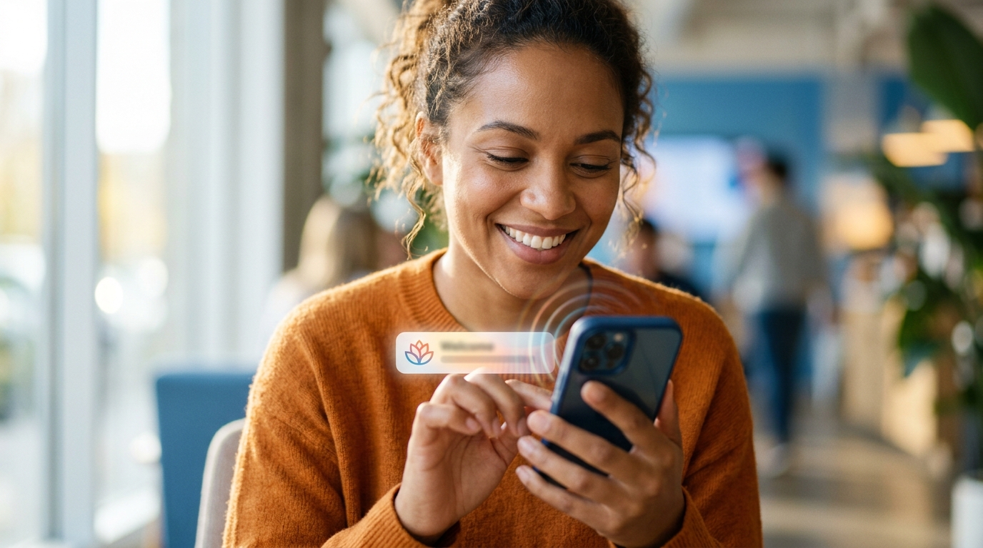 A smiling person looking at a smartphone displaying a welcome notification from an online store.