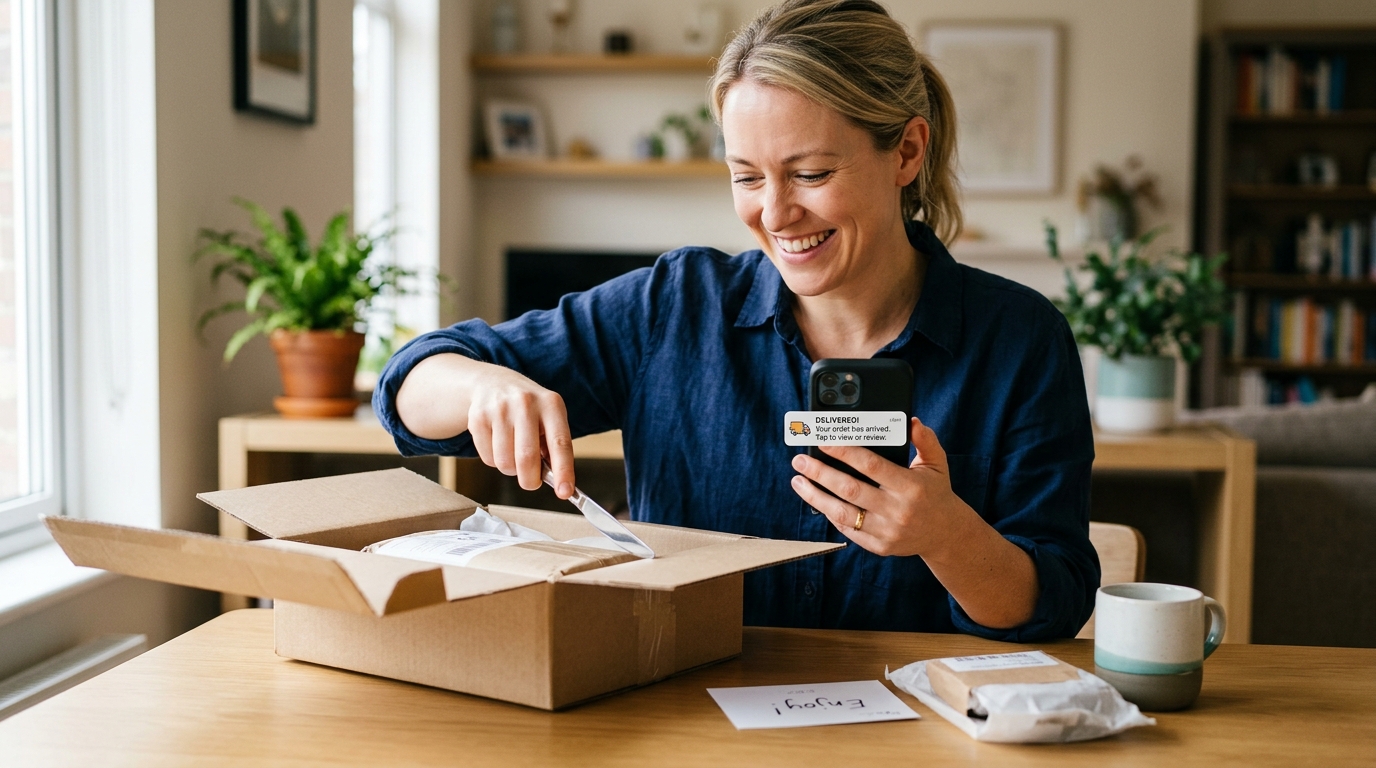 A person unboxing a package while simultaneously looking at a smartphone displaying a post-purchase notification.