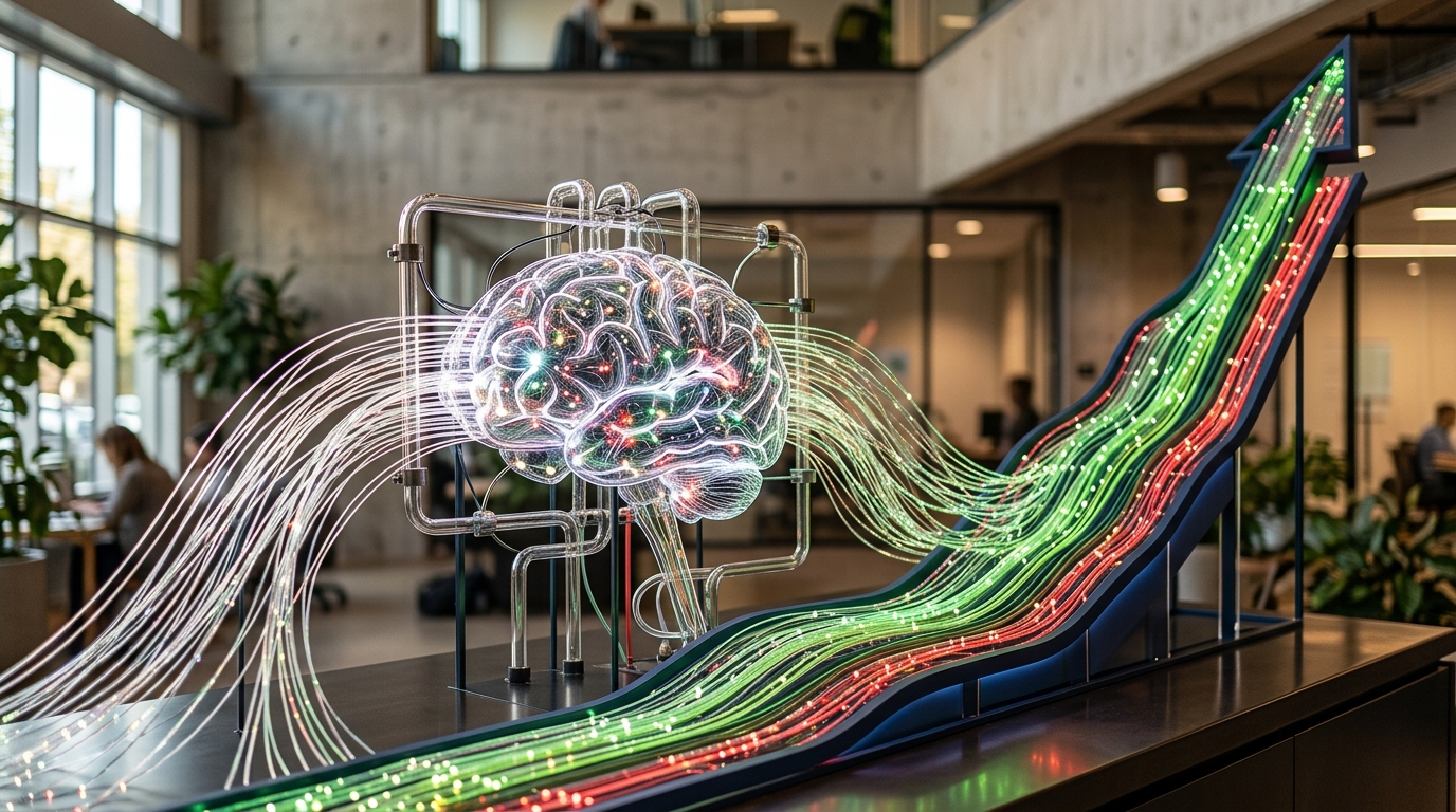 A digital brain generating streams of optimized content that lead to a rising organic traffic graph, representing AI-driven SEO success.