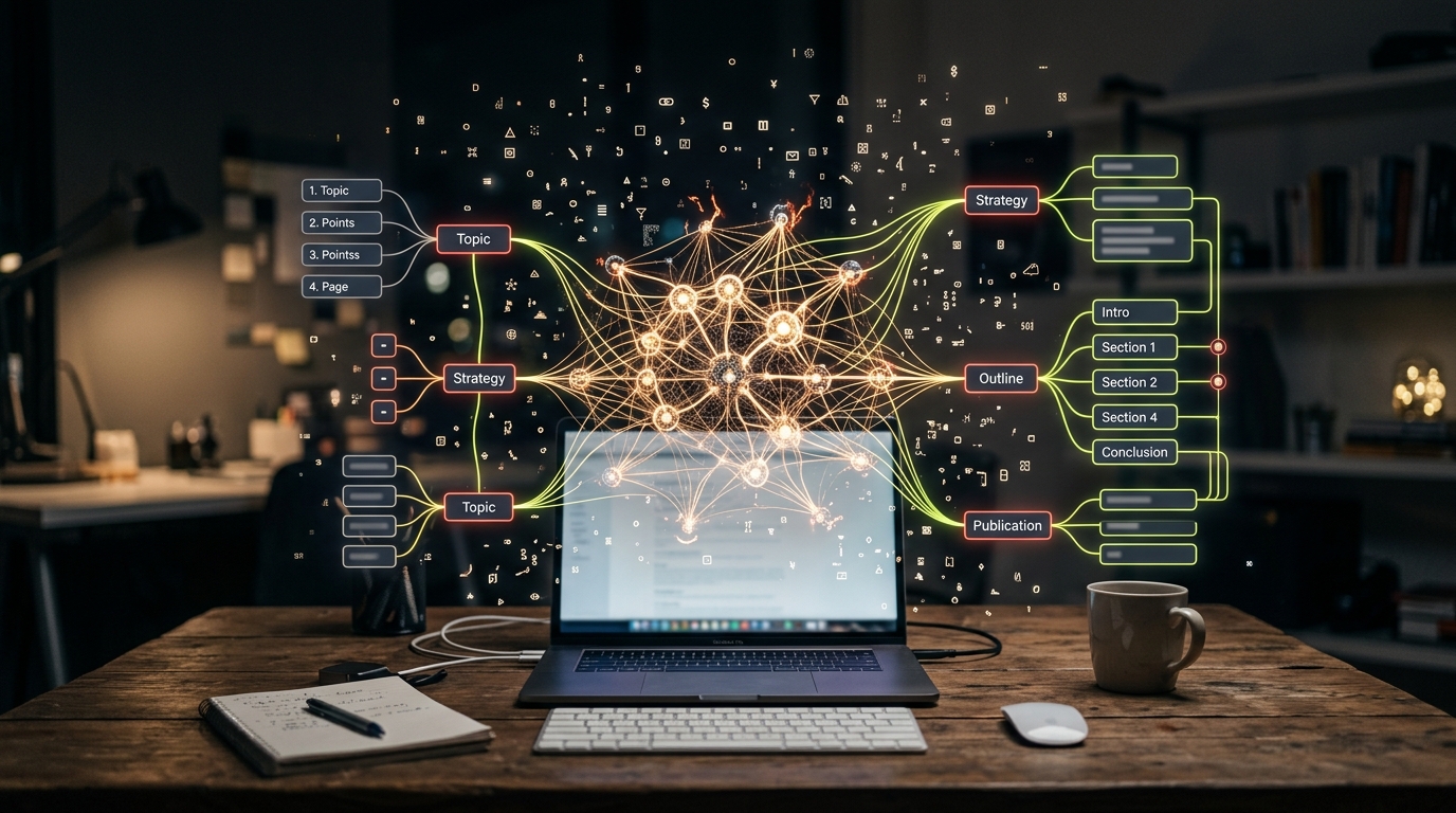 An AI network analyzing digital data points and keywords to form a structured content plan.