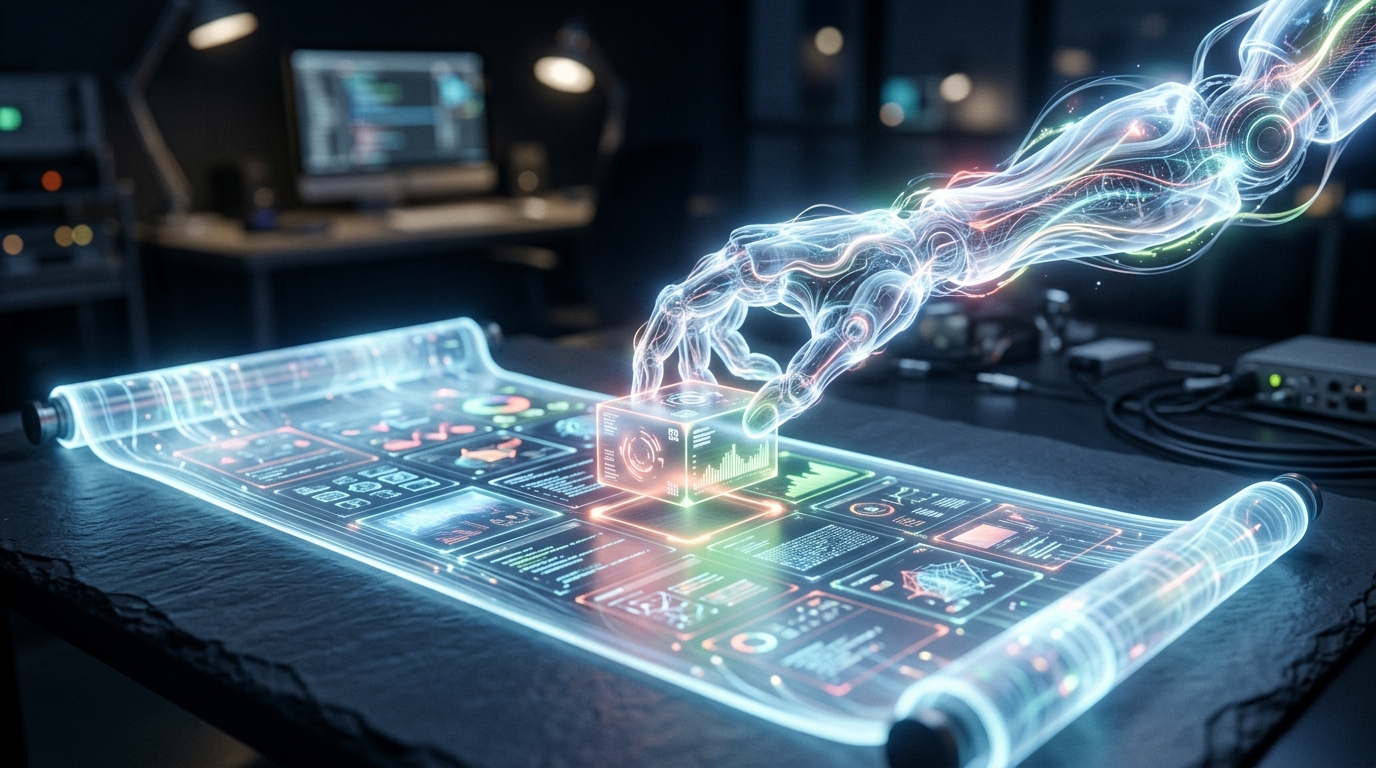 A glowing robotic arm assembling digital content blocks into a perfectly optimized article.