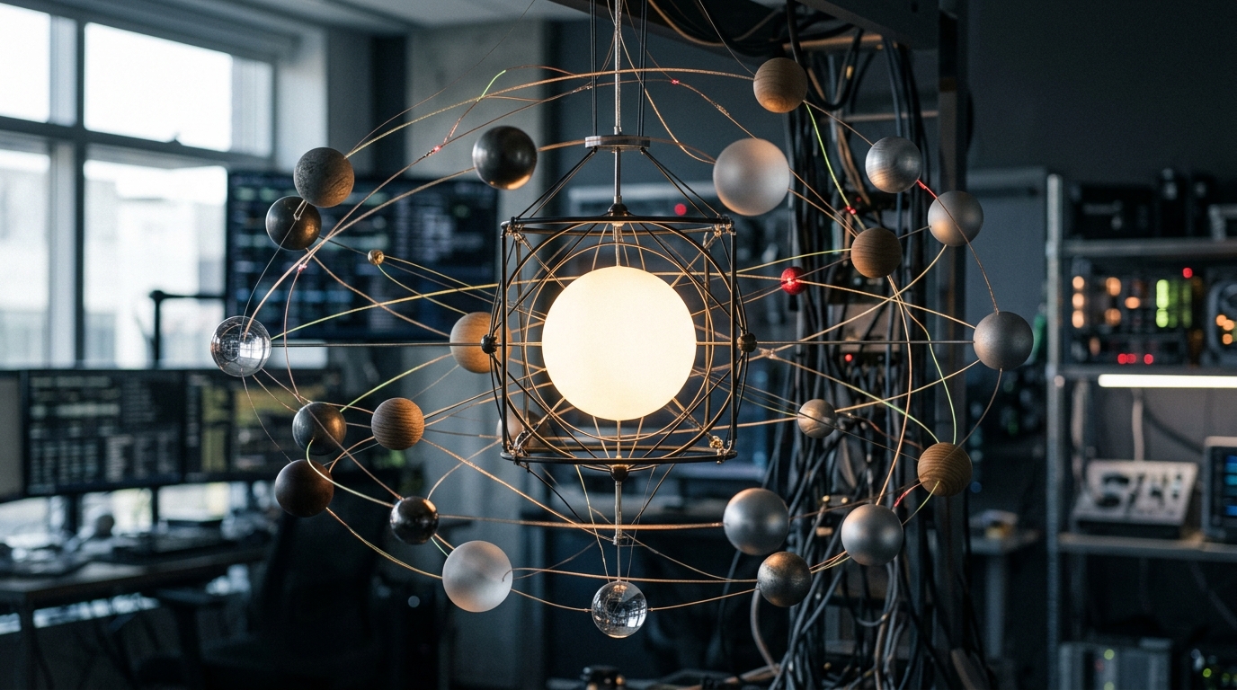 A visual representation of content clusters, with a central topic orb surrounded by orbiting, interconnected content pieces.