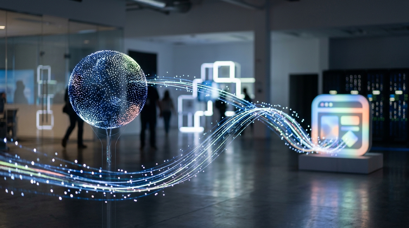 A glowing digital pathway connecting an abstract AI sphere to a stylized web page icon, symbolizing direct website traffic from AI.