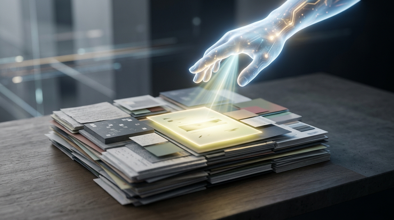 An ethereal glowing hand pointing a light beam onto a single glowing document among several content blocks, symbolizing AI discovery of content.