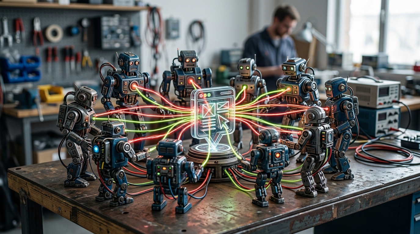 Multiple stylized robotic figures connected by glowing lines, all directing traffic towards a central website icon, illustrating Custom GPTs driving referrals.