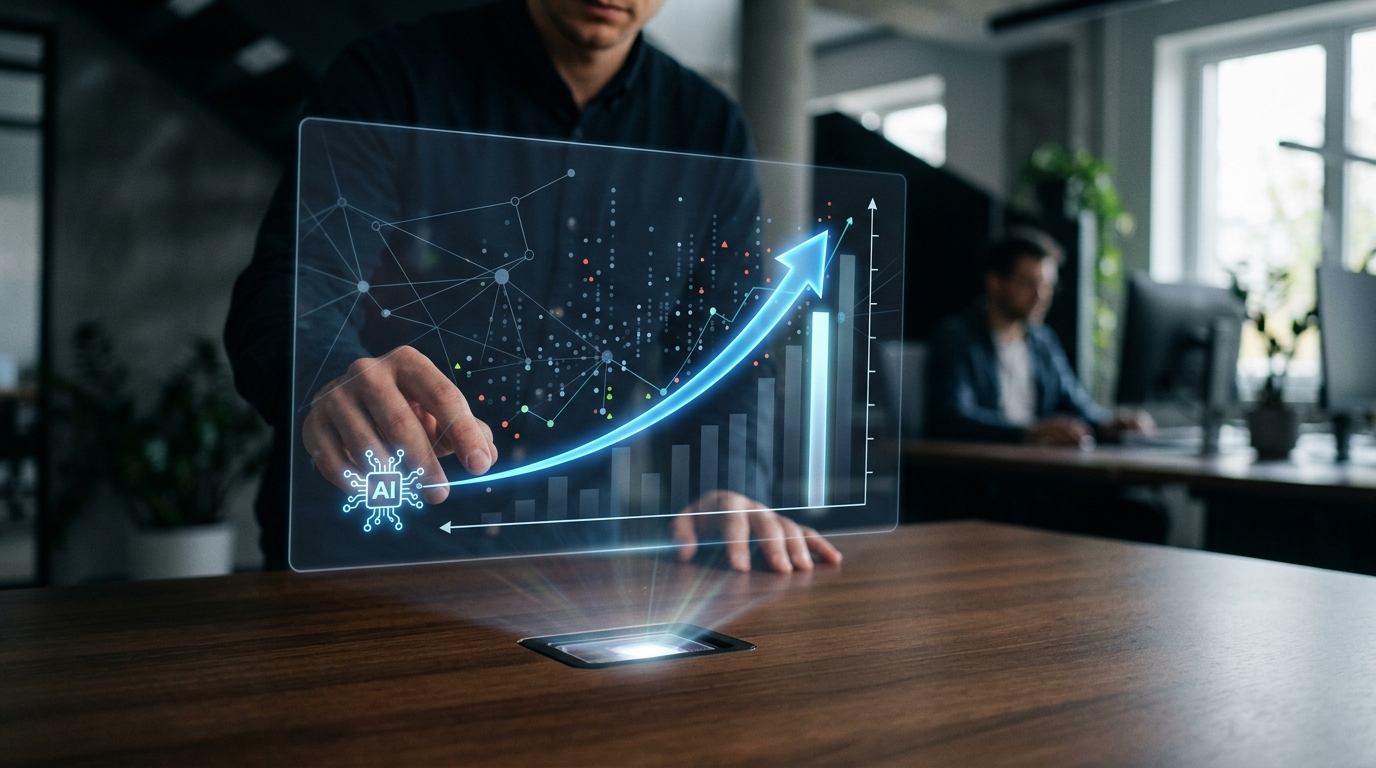 A holographic display of abstract data visualizations, with a glowing arrow from an AI symbol pointing to a rising bar on a website traffic graph, representing direct referral tracking.