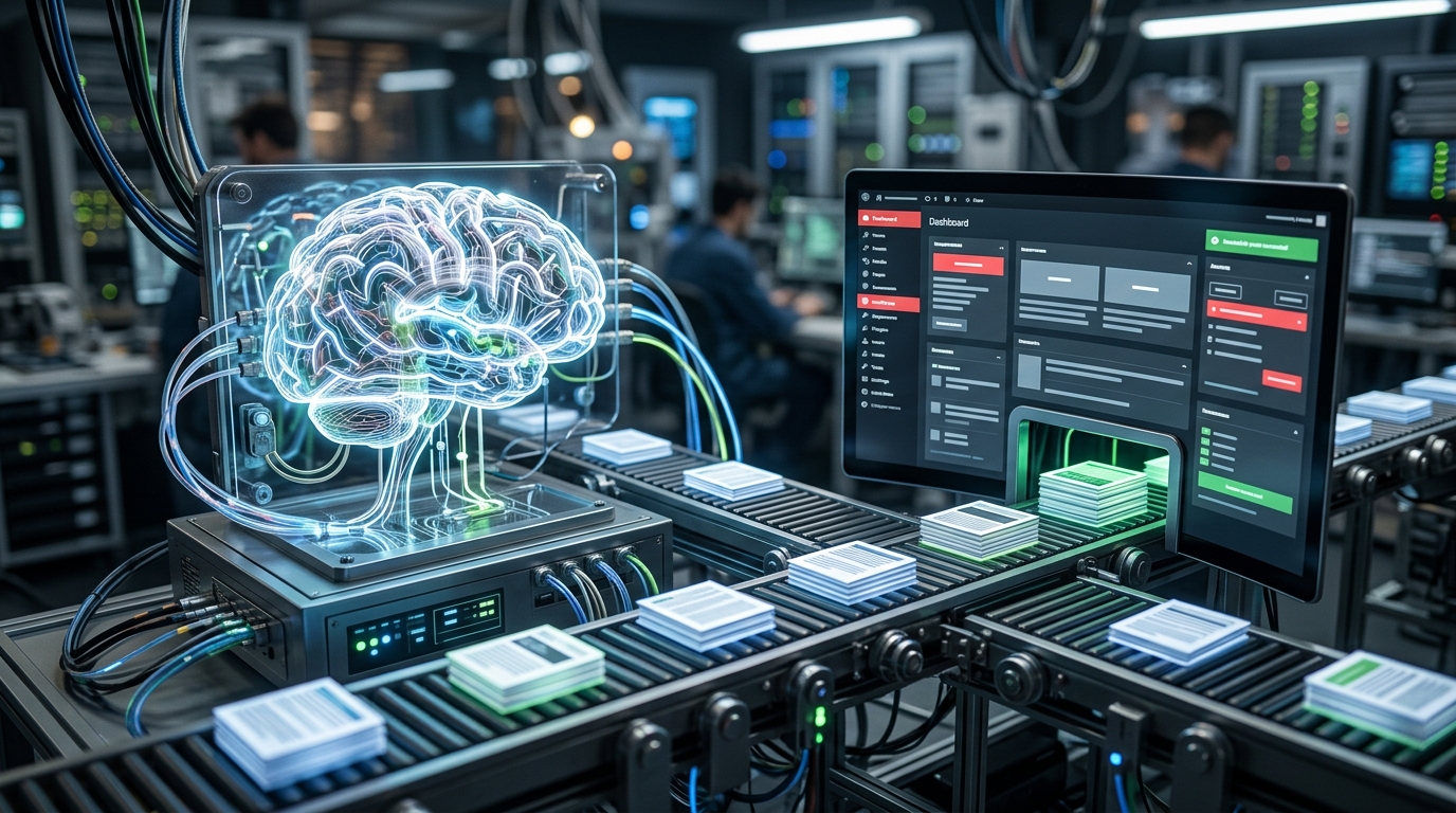 A futuristic scene depicting an artificial intelligence system, represented by interconnected glowing circuits, automatically generating and publishing articles onto a digital WordPress website…