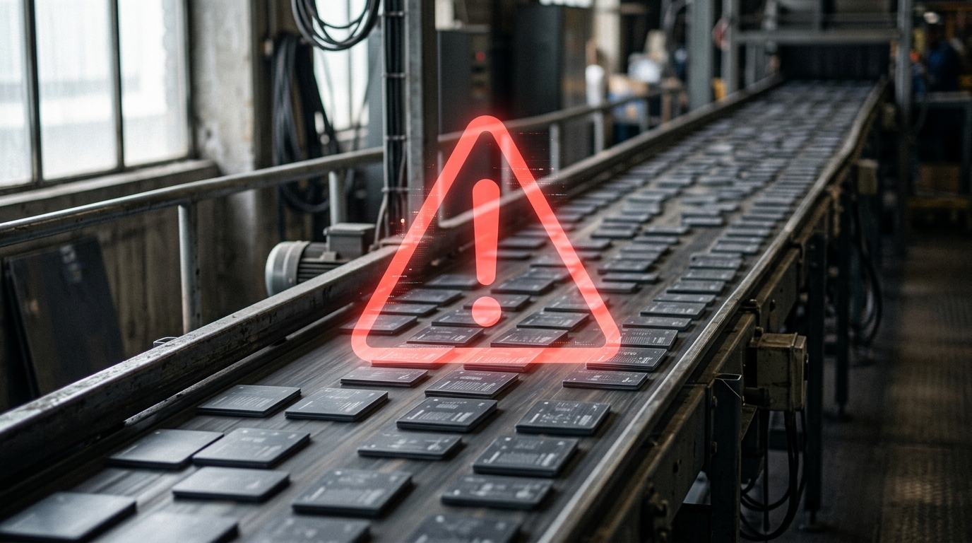 A digital warning sign indicating caution, positioned over a repetitive stream of identical-looking digital articles, symbolizing the risks of purely automated content.