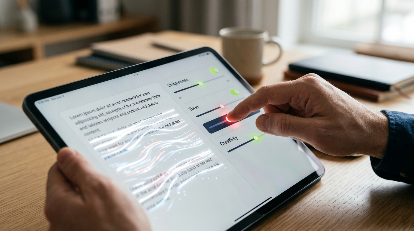 A human hand interacting with a digital screen, refining and customizing an AI-generated article, adding unique elements to the text displayed on the device.