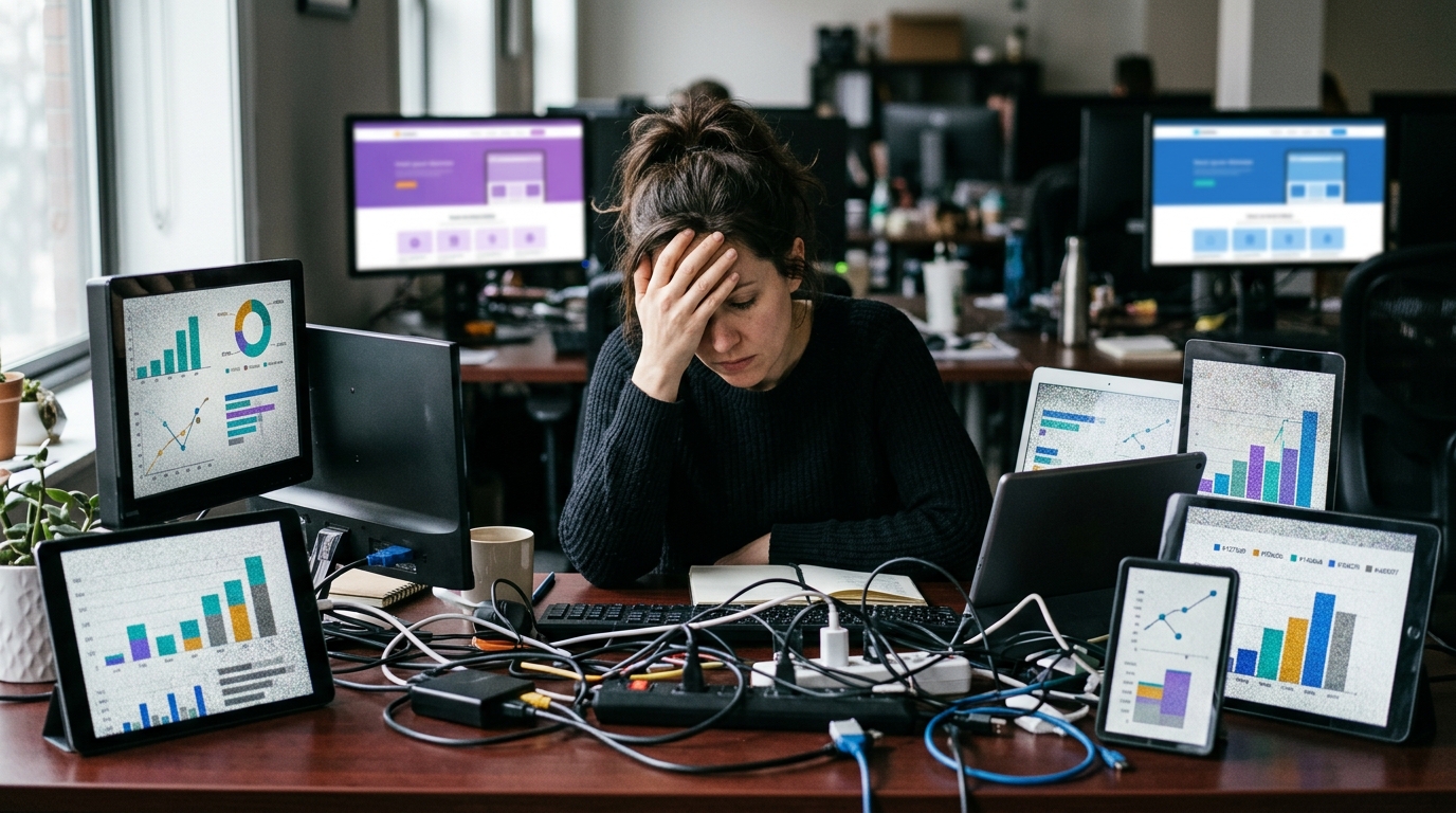 A frustrated person at a desk surrounded by tangled wires and disconnected screens, symbolizing the challenges of managing unintegrated marketing across two e-commerce platforms.