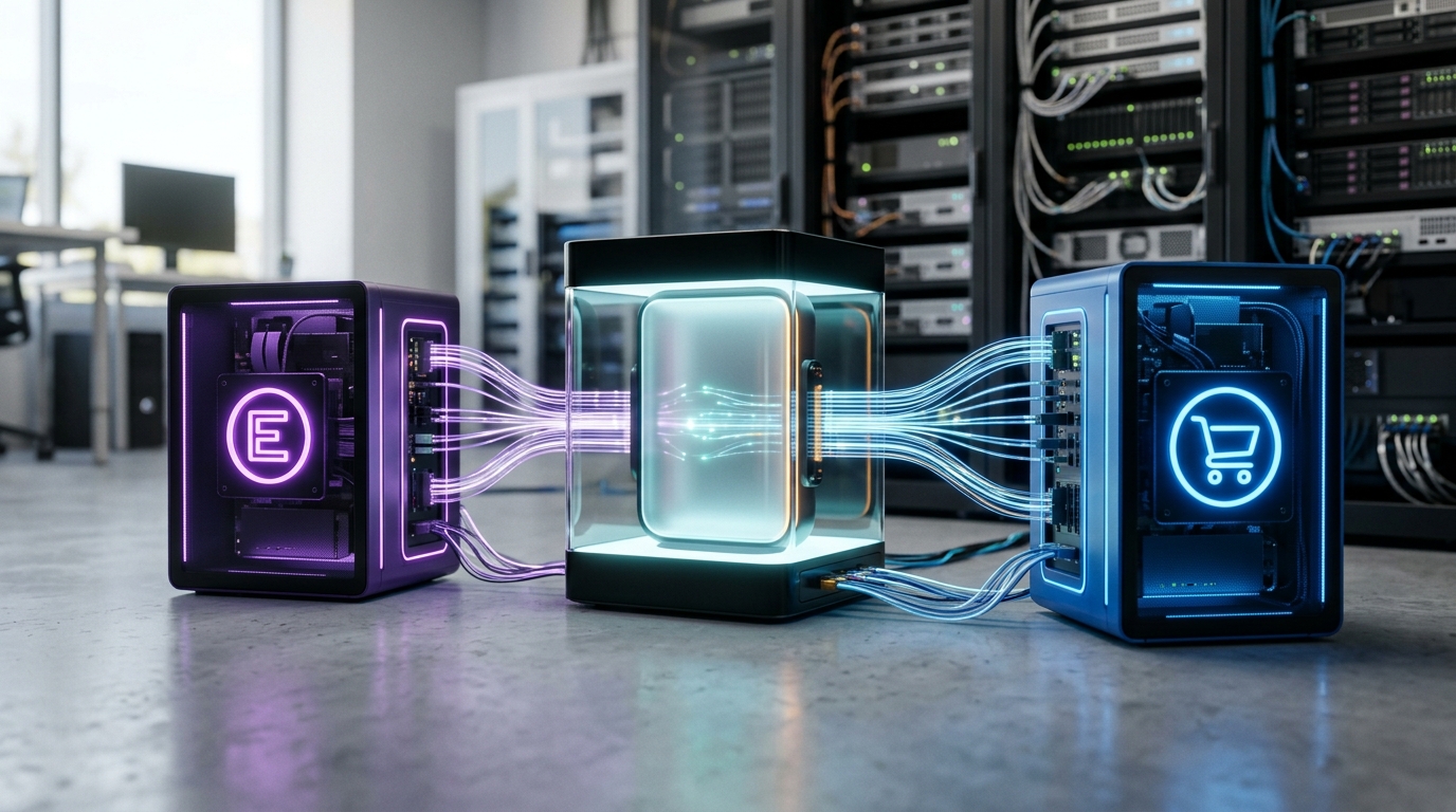 A glowing central hub seamlessly connecting two distinct e-commerce platform icons, illustrating efficient data flow and marketing integration.