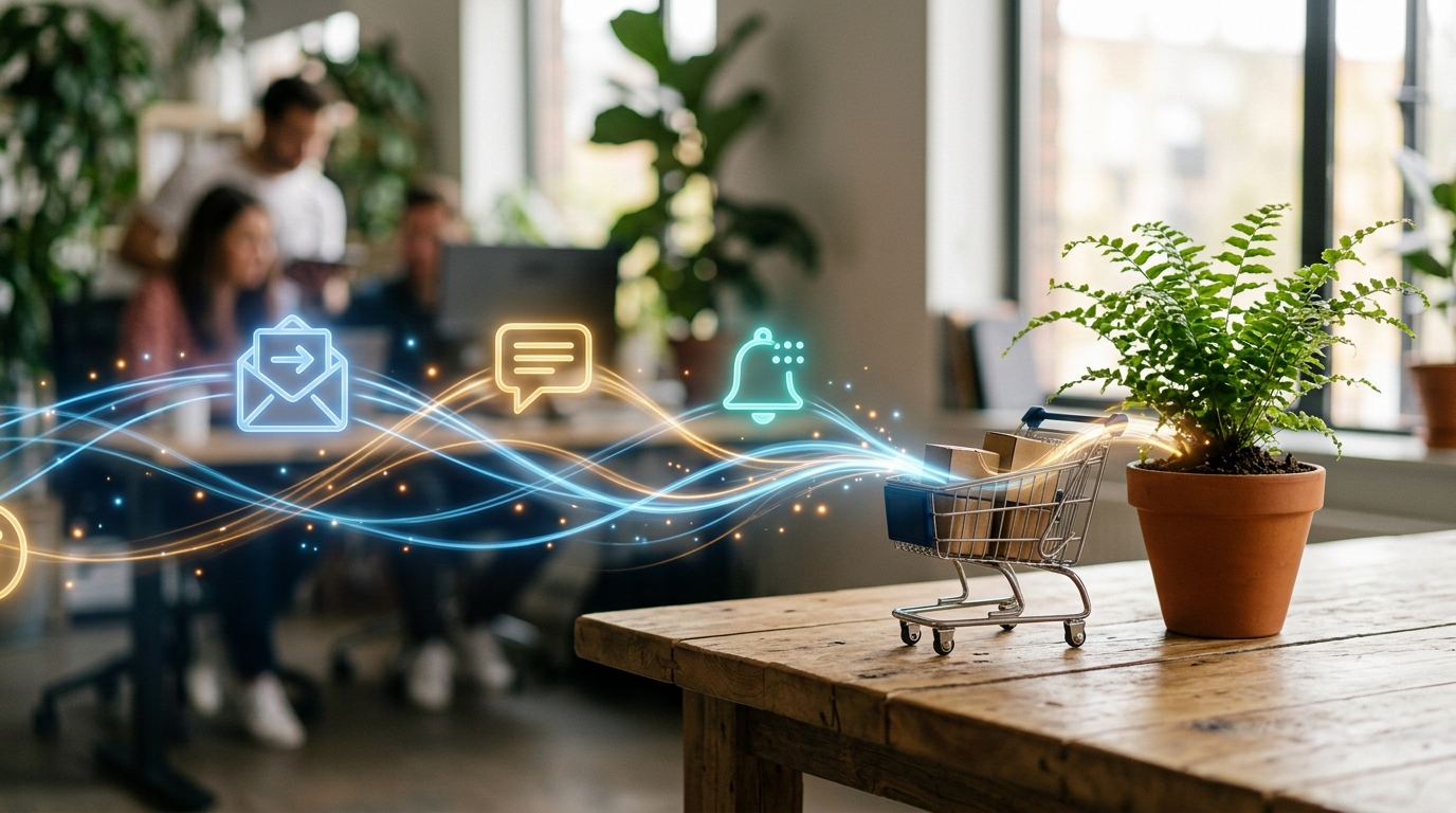A visual showing digital communication channels like email, SMS, and web push notifications interconnected and flowing towards a shopping cart and a growing plant.