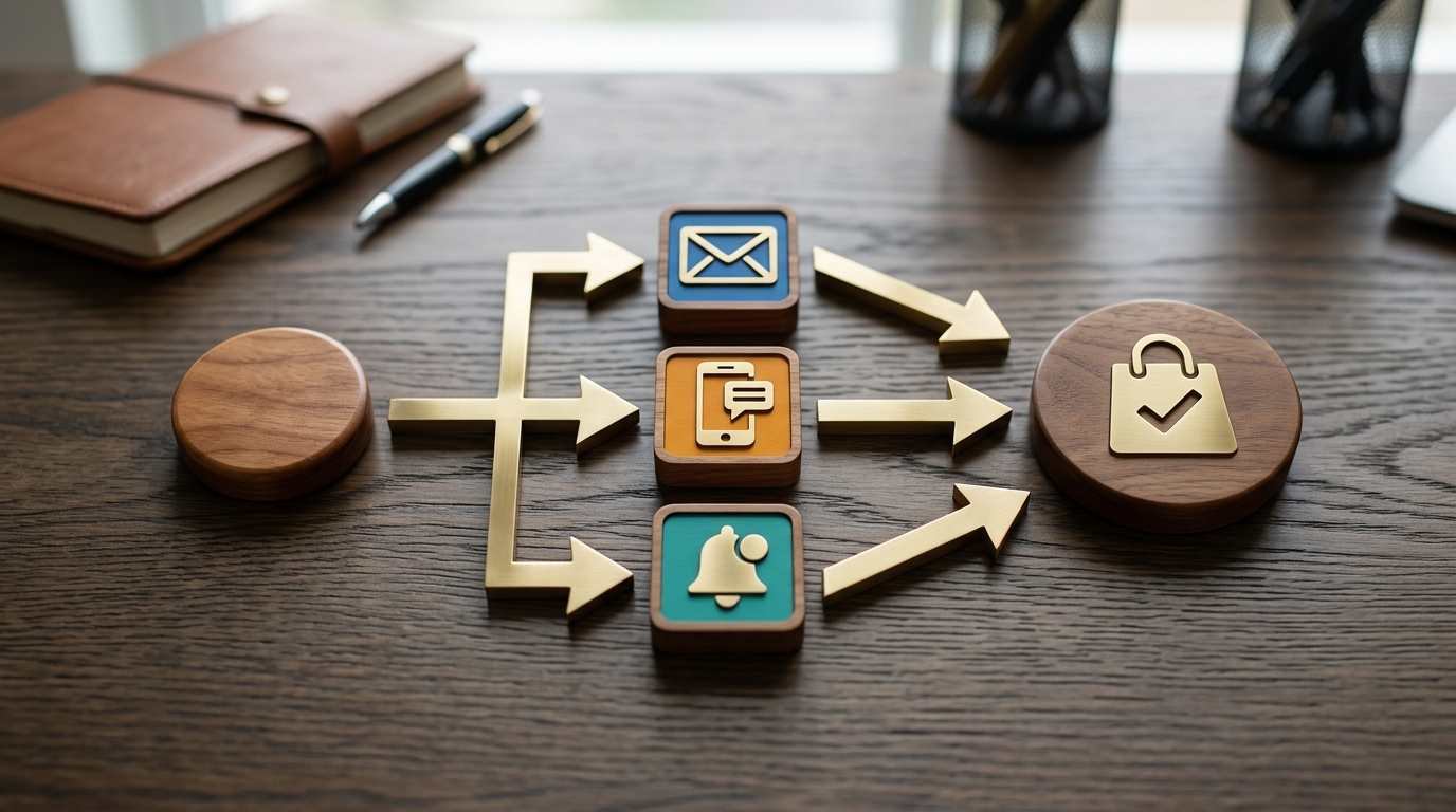 A flowchart illustrating a multi-channel welcome series, with paths for email, SMS, and web push notifications converging towards a successful outcome.