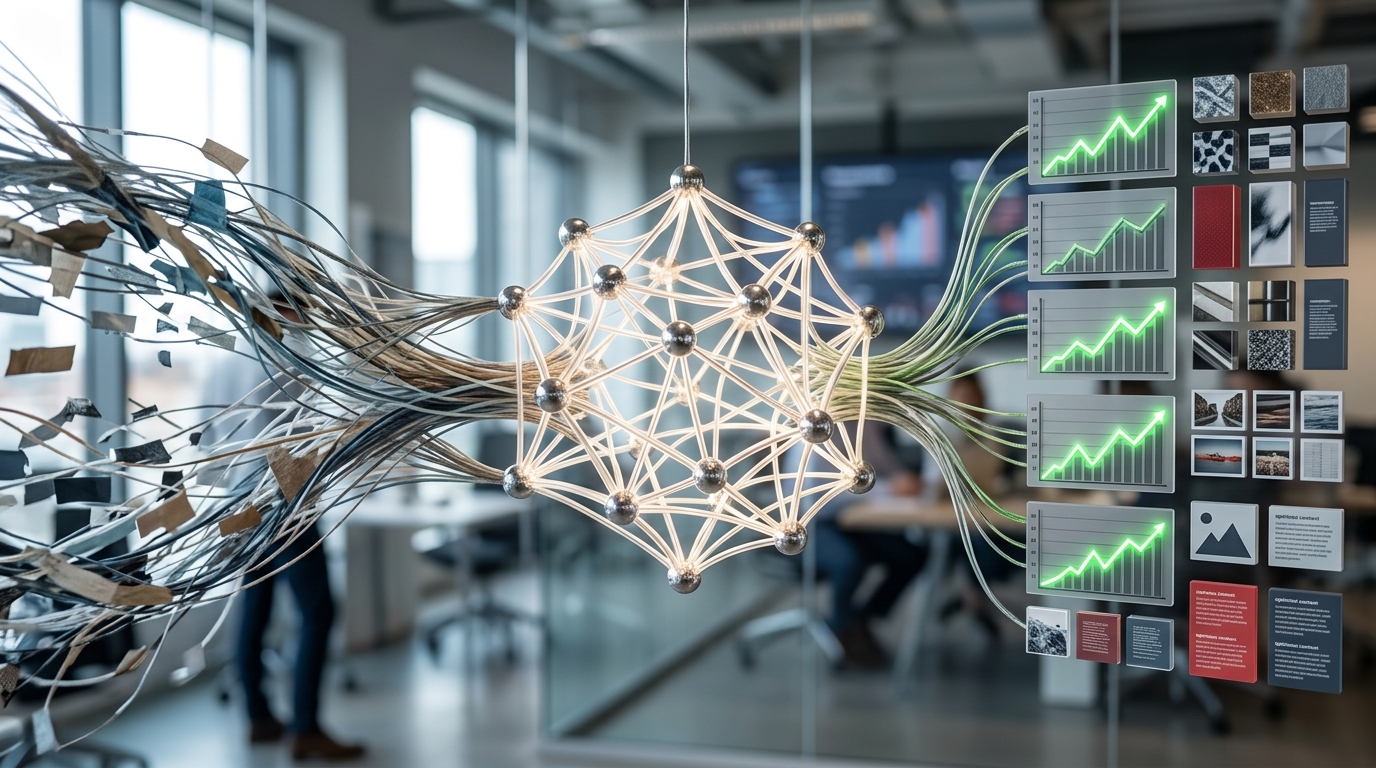 A glowing, intricate neural network processing raw data on one side and generating optimized content and upward-trending graphs on the other, symbolizing AI SEO content automation and rapid traffic…